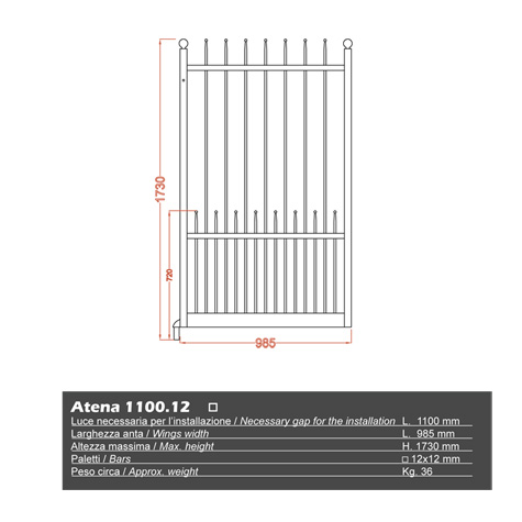 Portillon ATENA 1,1m 12x12mm sans poteaux FT43712 Portillon ATENA AVEC ou SANS poteaux 12x12 FT43712