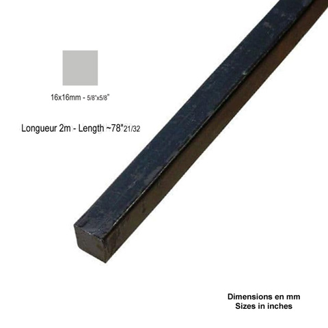 Barre profile carr 16x16mm longueur 2m lisse en acier lamin brut