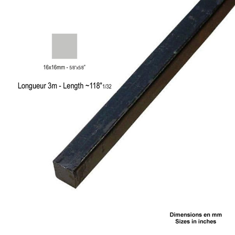 Barre profile carr 16x16mm longueur 3m lisse en acier lamin brut