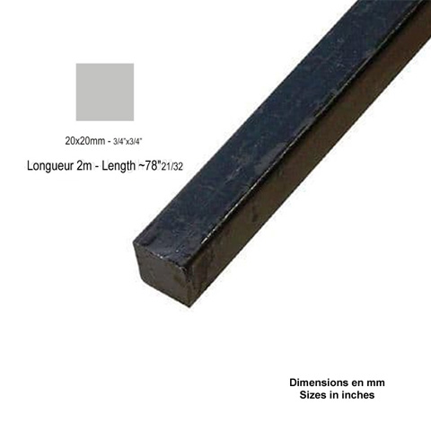 Barre profile carr 20x20mm longueur 2m lisse en acier lamin brut