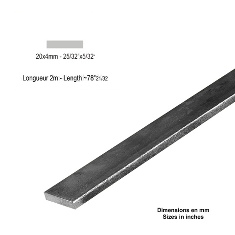 Barre profile plate 20x4mm longueur 2m lisse en acier lamin brut