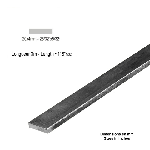 Barre profile plate 20x4mm longueur 3m lisse en acier lamin brut