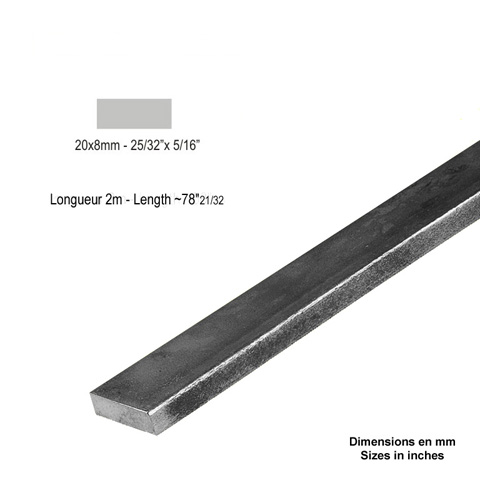 Barre profile plate 20x8mm longueur 2m lisse en acier lamin brut