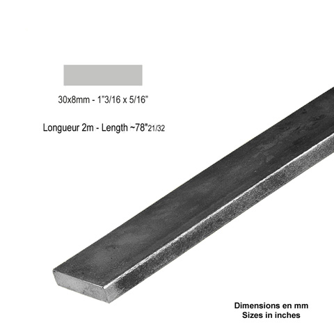 Barre profile plate 30x8mm longueur 2m lisse en acier lamin brut