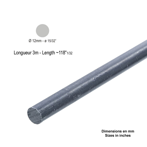 Barre profile rond 12mm longueur 3m lisse en acier lamin brut
