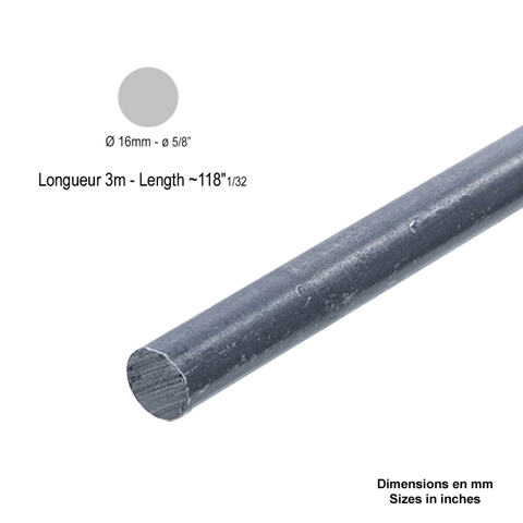 Barre profile ronde de 16mm longueur 3m lisse en acier lamin brut