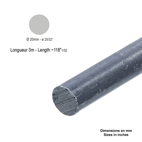 Barre profile ronde de 20mm longueur 3m lisse en acier lamin brut