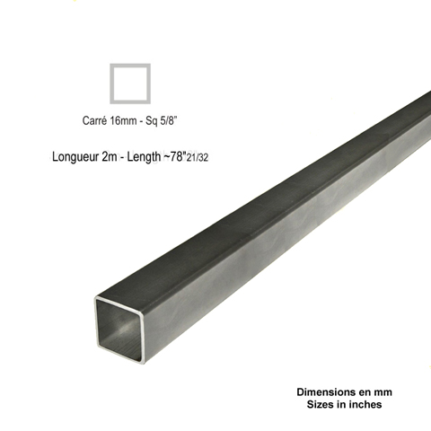 Barre profile tube 16x16mm longueur 2m carr lisse acier lamin brut
