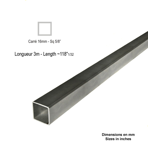 Barre profile tube 16x16mm longueur 3m carr lisse acier lamin brut