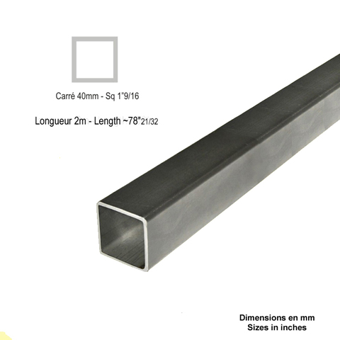 Barre profile tube 40x40mm longueur 2m carr lisse acier lamin brut