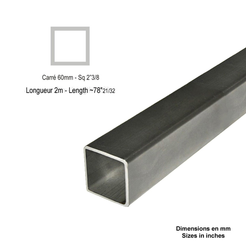 Barre profile tube 60x60mm longueur 2m carr lisse acier lamin brut