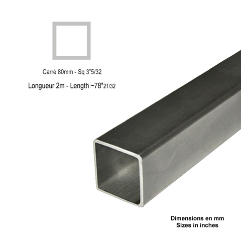 Barre profile tube 80x80mm longueur 2m carr lisse acier lamin brut