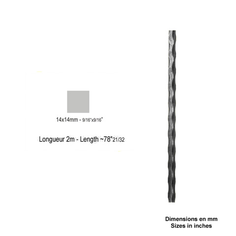 Barre profile carre 14x14mm longueur 2m martele 4 faces acier brut