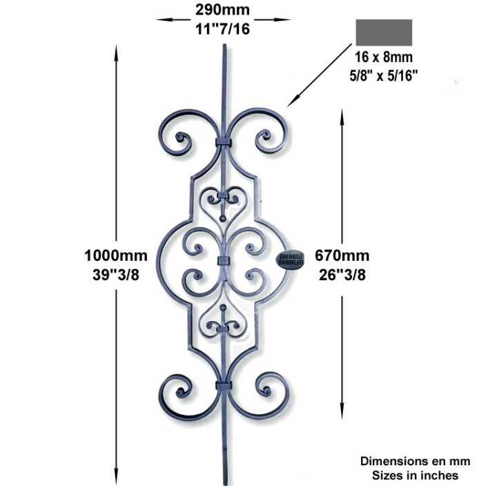 Panneau balustre décoratif hauteur 1000x290mm 16x8mm à noyaux
