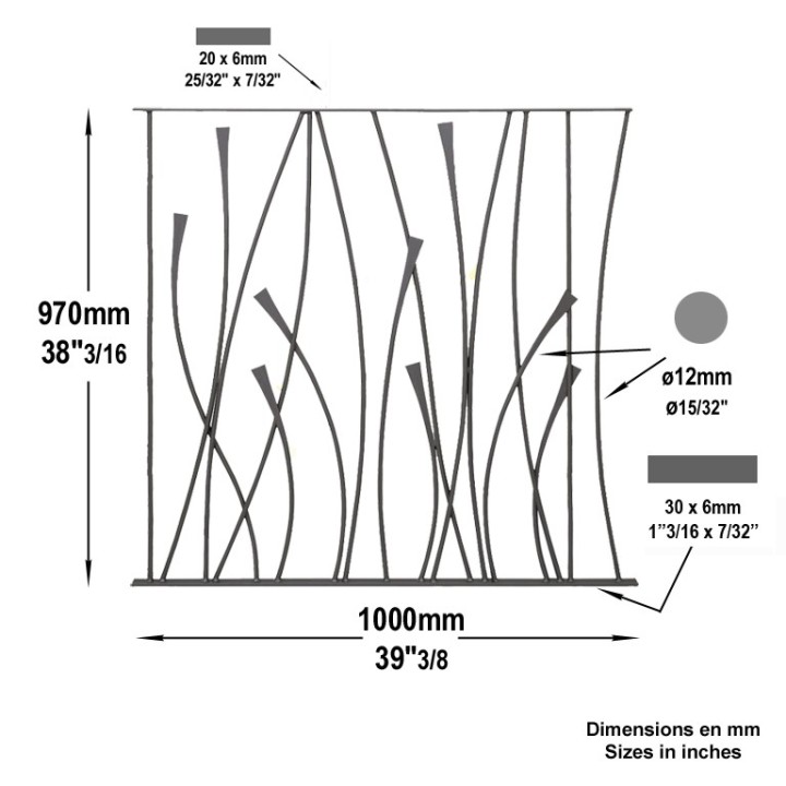 panneau décoratif art déco courbes en ø12mm H970mm x 1120mm