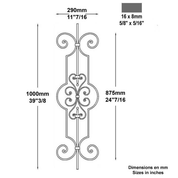 Panneau balustre décoratif hauteur 1000x290mm 16x8mm à noyaux