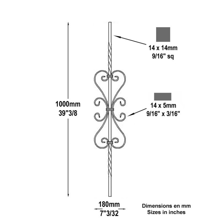 Barreau aluminium hauteur 1000mm 14x14mm avec volutes 14x5mm