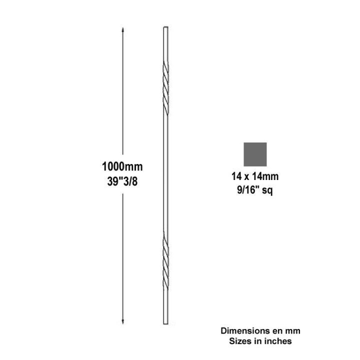Barreau aluminium hauteur 1000mm 14x14mm 2 torsades 150mm