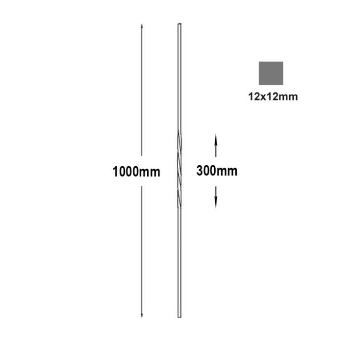 Barreau aluminium droit hauteur 1000mm 14x14mm torsadé 300mm