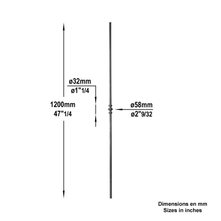 Balustre forgé droit lisse haut. 1200mm ø14mm motif hauteur 58mm