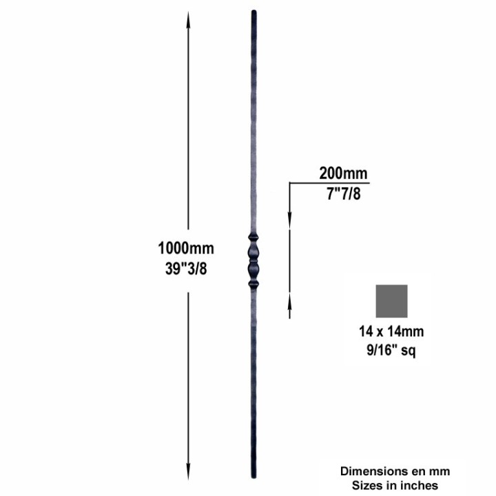 Balustre grenaillé martelé 4 faces haut. 1100mm 14x14mm motif 100