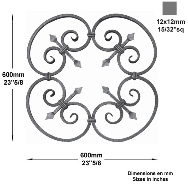 Balustre décoratif à 4 volutes assemblées hauteur 600x600mm 12x12