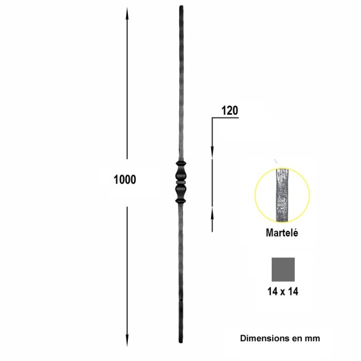 Balustre grenaillé martelé 4 faces haut. 1100mm 14x14mm motif 120