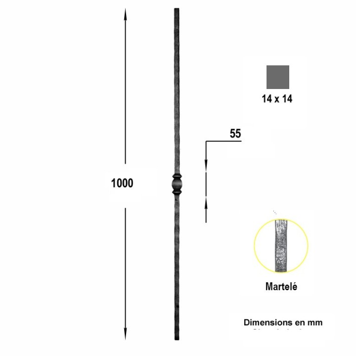 Balustre grenaillé martelé 4 faces haut. 1100mm 14x14mm motif 55