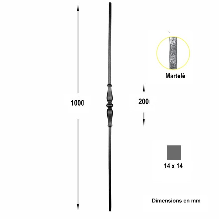 Balustre grenaillé 4 faces haut. 1100mm 13x13mm motif 200mm
