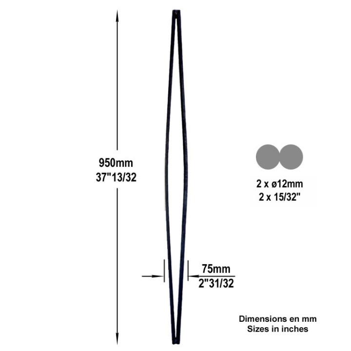 Balustre lisse forgé hauteur 950mm deux ronds ø12mm juxtaposés