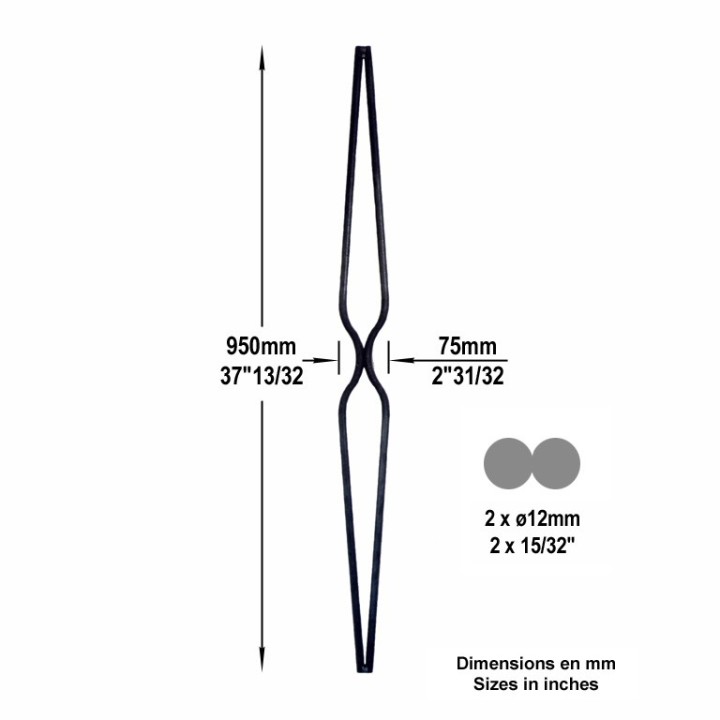 Balustre lisse forgé hauteur 950mm deux ronds ø12mm juxtaposés