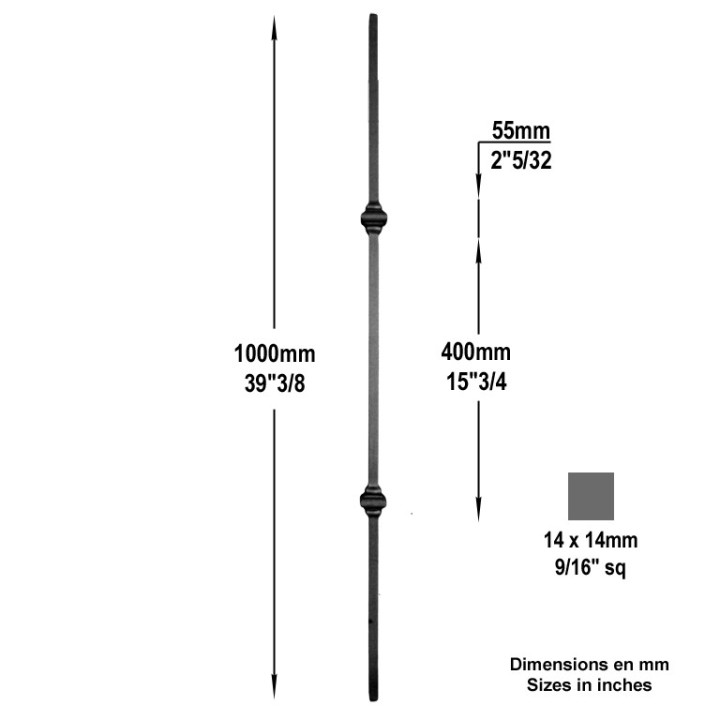 Balustre lisse forgé grenaillé haut. 1000mm 14x14mm 2 motifs 55mm