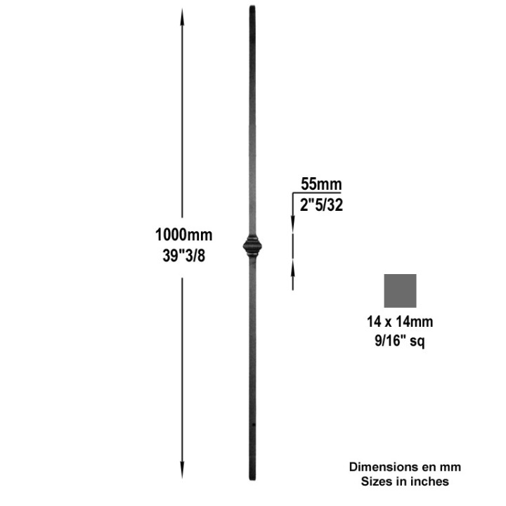 Balustre lisse forgé grenaillé haut. 1000mm 14x14mm motif 55mm