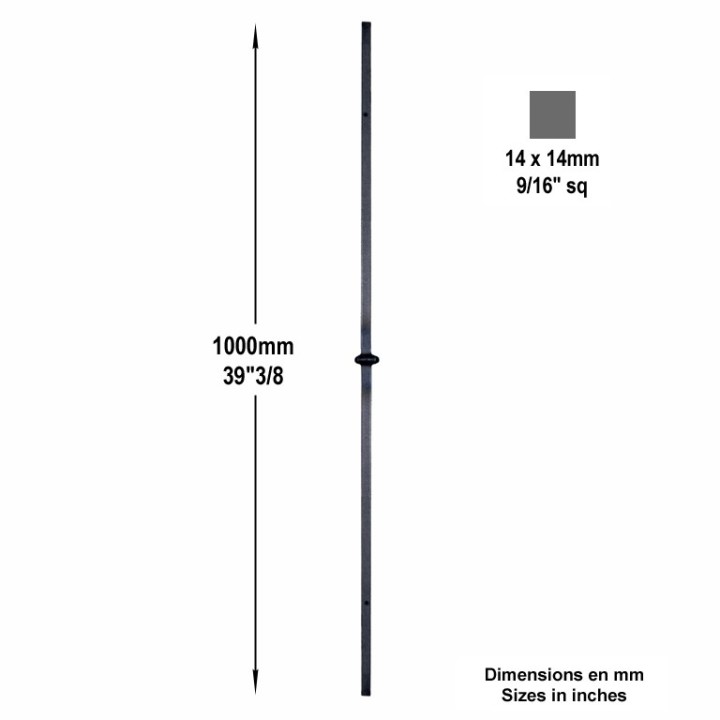 Balustre lisse acier forgé grenaillé hauteur 1000mm 14x14mm motif