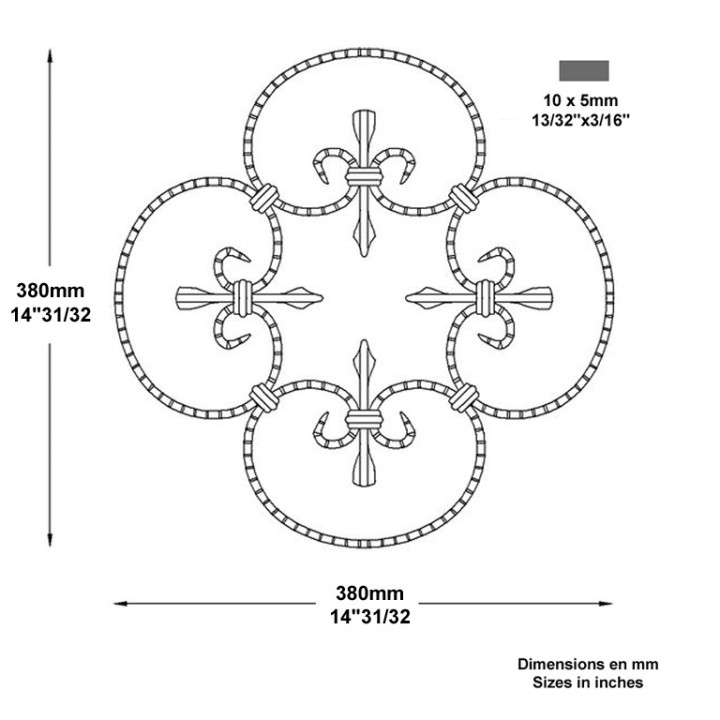 Panneau décoratif à 4 volutes assemblées hauteur 380x380mm 10x5