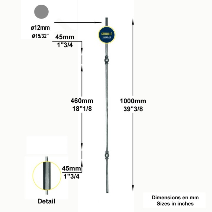 Balustre droit grenaillé à facettes haut. 1000mm ø12 -2 motifs 45mm