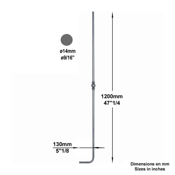 Balustre coudé grenaillé hauteur 1000mm ø14 -1 motif 100mm