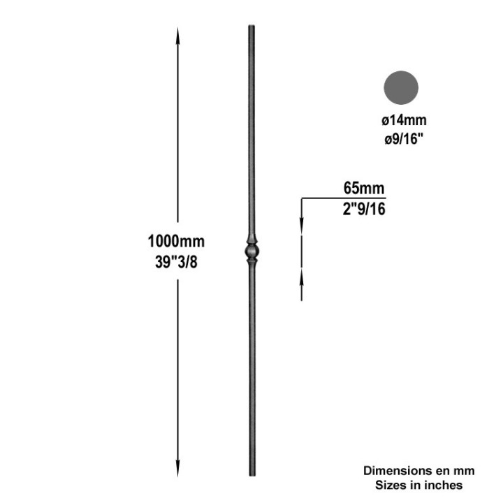 Balustre droit grenaillé calibré hauteur 1000mm ø14 -1 motif 45mm