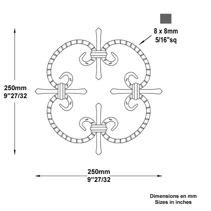 Panneau décoratif à 4 volutes assemblées hauteur 250x250mm 8x8