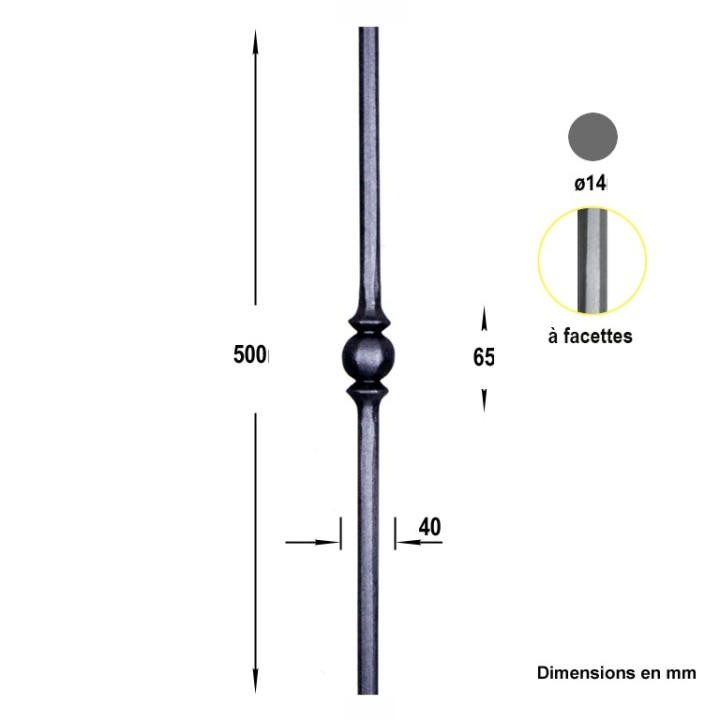 Balustres droits grenaillés facettes 500 à 1200mm ø14 1 motif 65mm