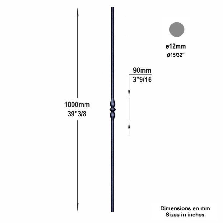 Balustre droit grenaillé calibré hauteur 1000mm ø12 -1 motif 100mm