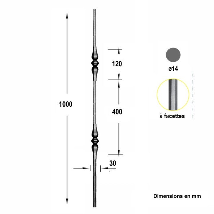 Balustre droit grenaillé à facettes haut 1000mm ø14 2 motifs 120mm