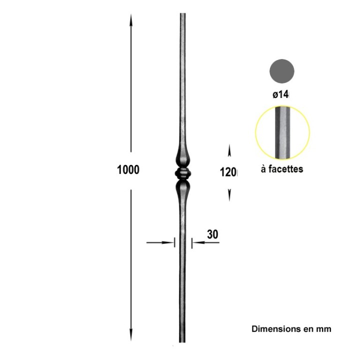 Balustre droit grenaillé facettes hauteur 1000mm ø14 motif 120mm