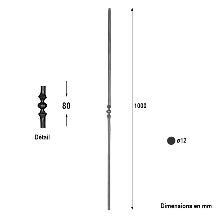 Balustre droit grenaillé facettes hauteur 1000mm ø12 motif 44mm