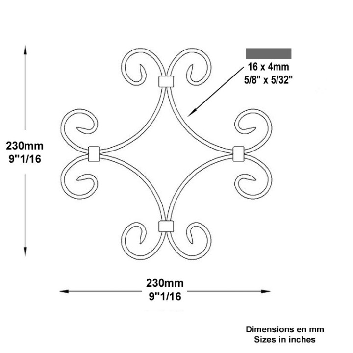 Panneau décoratif à 4 volutes assemblées hauteur 230x230mm 16x4