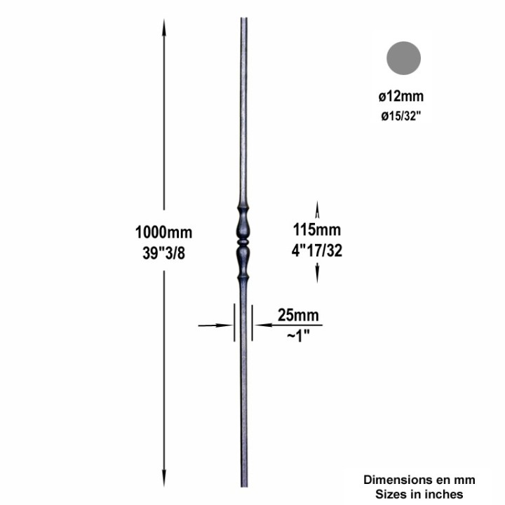 Balustre droit grenaillé facettes hauteur 1000mm ø12 motif 115mm