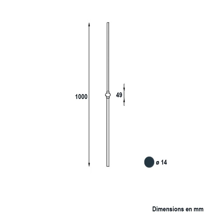 Balustre droit grenaillé facettes hauteur 1000mm ø14 motif 38mm