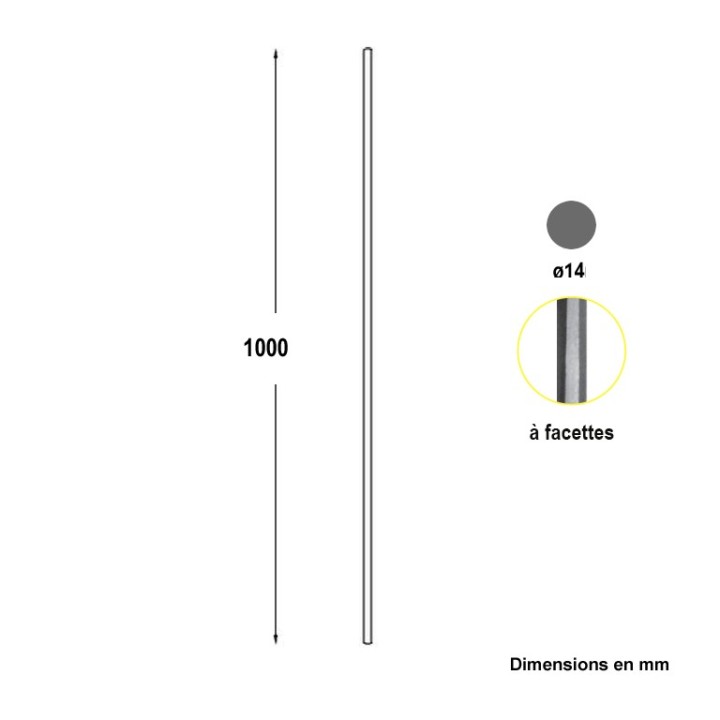 Balustre droit en acier grenaillé à facettes hauteur 1000mm ø14mm