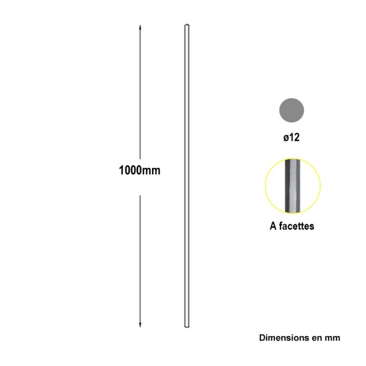 Balustre droit en acier grenaillé à facettes hauteur 1000mm ø12mm