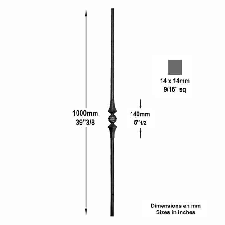 Balustre droit en acier forgé grenaillé hauteur 1000mm en 14x14mm